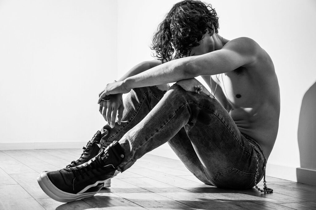 lonely, man, sitting, resting, shirtless, skin, alone, body, jeans, denim pants, sneakers, fashion, men's fashion, portrait, black and white, young man, model, modeling, pose, posing, monochrome, man, man, man, man, man, alone